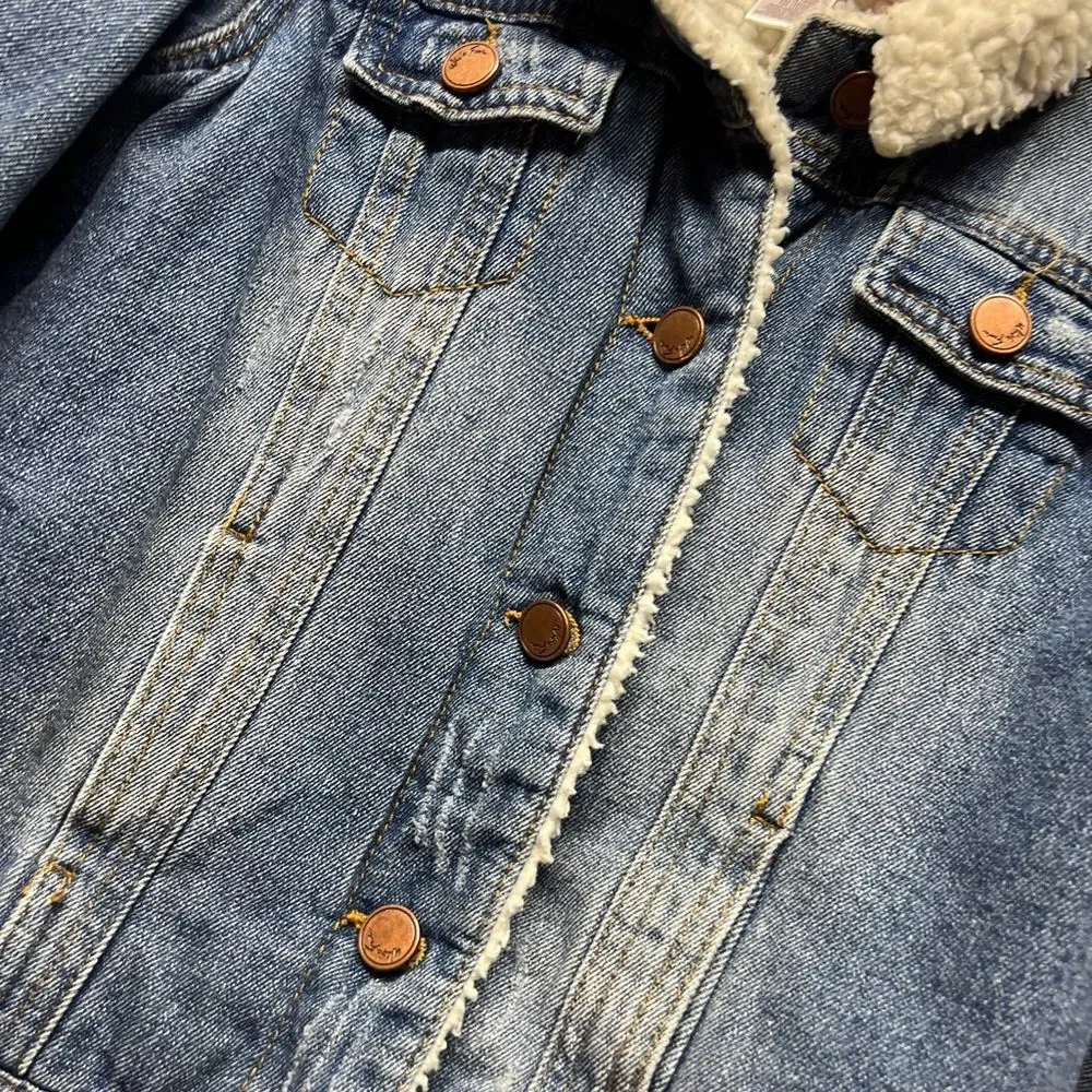 White Fawn denim jean barn jacket Sherpa lined big girls size large